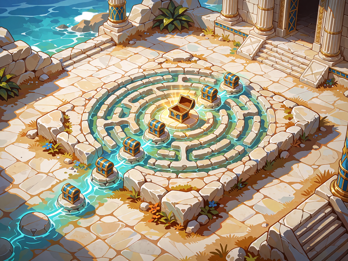 Isometrisk stenlabyrint med lysende aqua-sti og syv sm&aring; gavekister frem mod en &aring;ben kiste i midten - Labyrinth Map