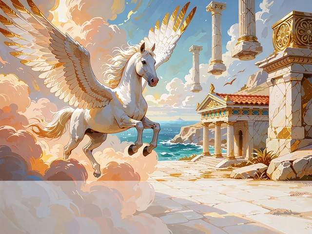 Illustration af hvid vinget hest med gyldne fjerspidser, der galopperer op gennem ferskenfarvede skyer