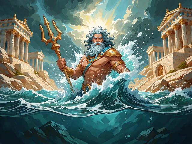 Illustration af havgud med hvidbl&aring;t sk&aelig;g og gylden trefork, der rejser sig af turkise b&oslash;lger under en stormfuld himmel
