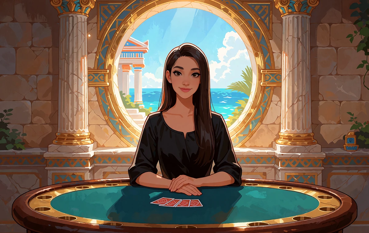 Illustreret live dealer ved et turkis spillebord foran et rundt buevindue med udsigt til havet og et tempel