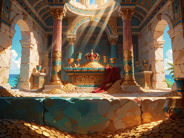 Illustration af tempelhv&aelig;lving med juvelkrone p&aring; gyldent alter omgivet af m&oslash;nter og b&aelig;gre
